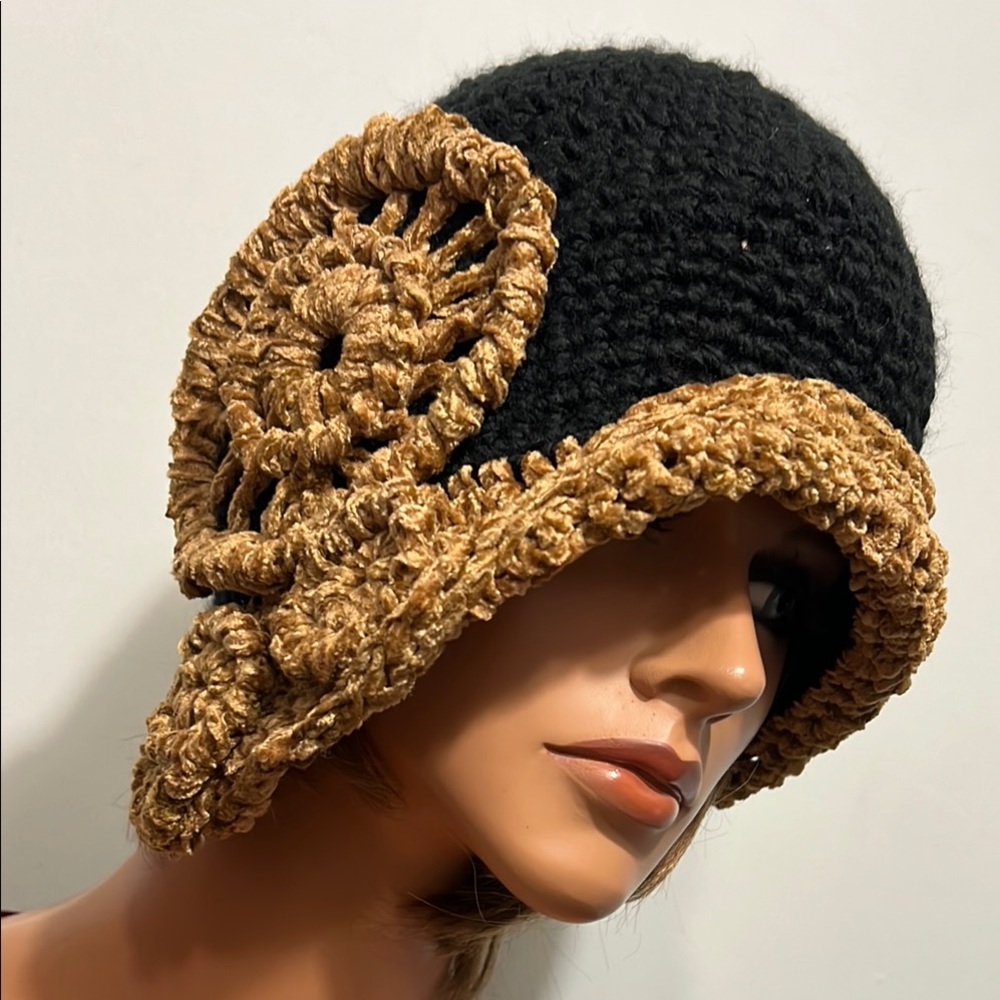 Chic Black Goldbronze Trim Crochet Hat adorned Irish accent
